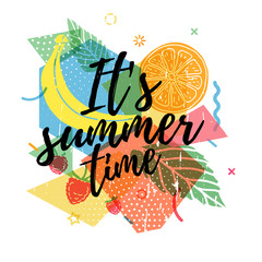 Design print for summer season. Abstract background with silhouettes fruit, lemon, strawberry and mint, geometric particle. Text hello summer on grunge modern texture backdrop. Vector 