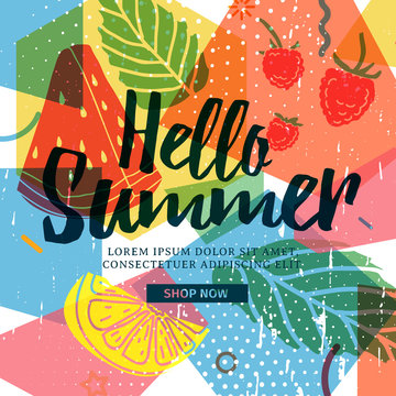 Design banner for summer season. Abstract geometric background with silhouettes fruit, lemon, strawberry and mint. Text hello summer on grunge modern texture backdrop. Vector 