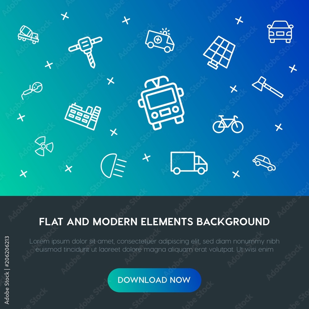 Poster transports, industry outline vector icons and elements background concept on gradient background.mul
