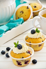 Homemade muffins with blueberries. Selective focus.