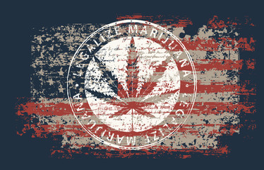 Vector banner for legalize marijuana with hemp leaf on abstract background of american flag in grunge style. Natural product made from organic hemp. Smoking weed. Medical cannabis logo