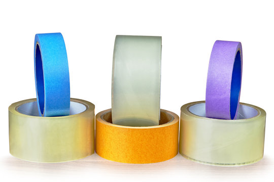 Various types of adhesive tape posted on an white background.