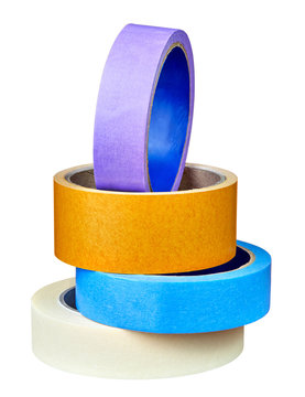 Set of multicolored self-adhesive tape on white background.