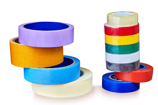 Two stacks colorful rolls of duct tape,  on white.