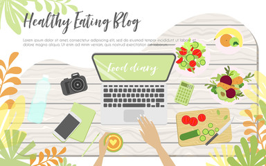 Workplace of health eating blogger view from above with arms