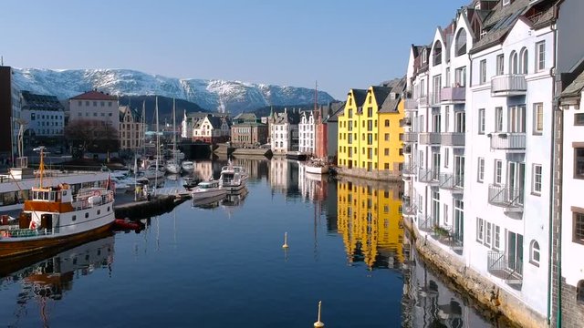 Beautiful architecture of Alesund town at sunny day in Norway