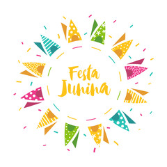 Fototapeta na wymiar Festa Junina illustration. Festive round frame design with colored flags