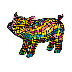 Beautiful colored pig isolated on white background, stylized of Mosaic.