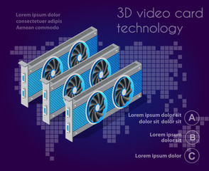 Obraz premium 3d isometric video graphic card of an electronic server of cloud tech network connects payment technology for business concept background. Digital chip bitcoin farm set ultraviolet illustration.