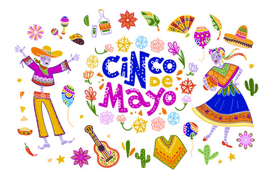 Vector cinco de mayo set of mexico traditional elements, symbols & skeleton characters in flat hand drawn style isolated on white background. Mexican celebration, national patterns & decorations, food