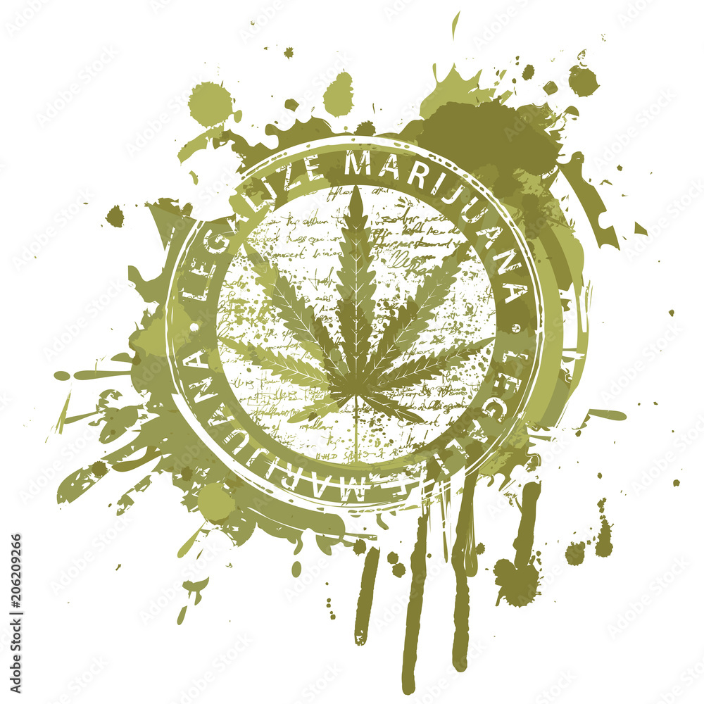 Poster vector banner for legalize marijuana with hemp leaf on abstract background in form of spots and spla