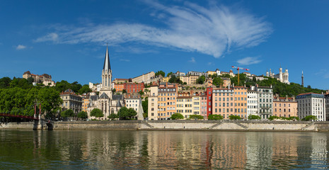 Fototapeta na wymiar View at the colorful buildings of UNESCO world heritage site Vieux-Lyon over the Saone river. Lyon, France.