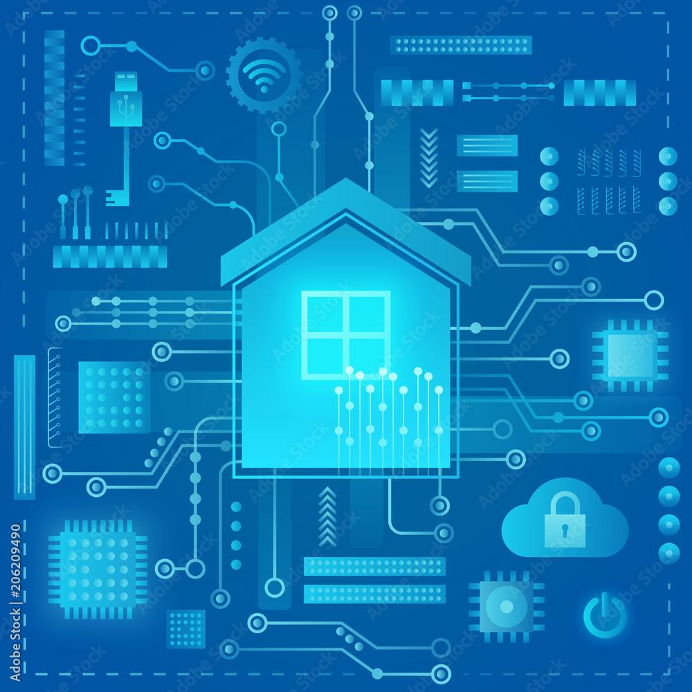 Poster Smart home modern absract light style concept. Smart home in microchip pathways futuristic background. Internet of things IOT technology.