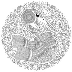 Stork, fantastic flowers, branches, leaves.