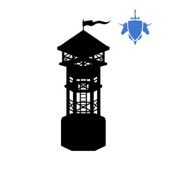 Black silhouette of human tower. Fantasy object. Archer medieval watchtower. Game fortress icon