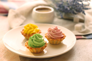 cake basket with cream. coffee espresso on back with flowers