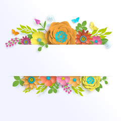 Banner template floral paper art with butterfly vector stock illustation