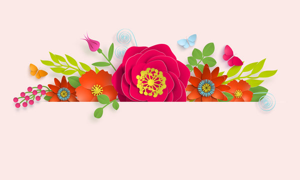 Banner template floral paper art with butterfly vector stock illustation