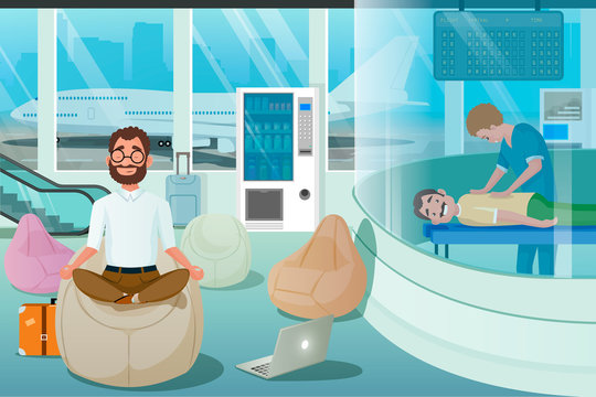 Business Man Relax in Massage Room. Airport Relax Zone for Yoga Recreation Meditation. Wellbeing Freelancer Travel Concept. Vector Illustration of Cartoon People Character.