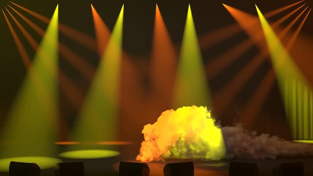 Smoke on an empty stage under green and red spot lights at the beginning of a live concert with special effects as 3D rendering
