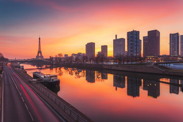 Paris skyline at sunrise, France