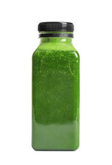 Bottle with delicious detox juice on white background