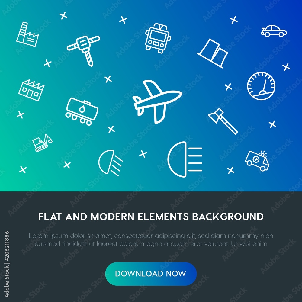 Poster transports, industry outline vector icons and elements background concept on gradient background.mul
