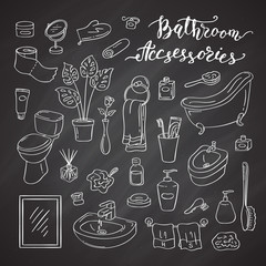 Vector set of hand drawn doodle bathroom elements isolated on black chalkboard illustration