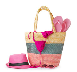 Composition with beach objects on white background