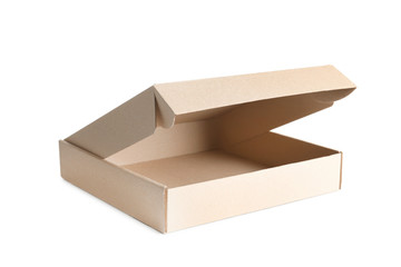 Open cardboard pizza box on white background