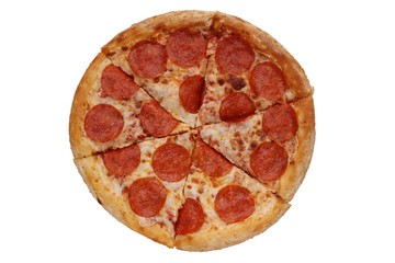 pizza pepperoni isolated. top view