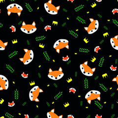 Naklejka premium Seamless pattern for decoration, with red foxes, crowns and leaves on black background