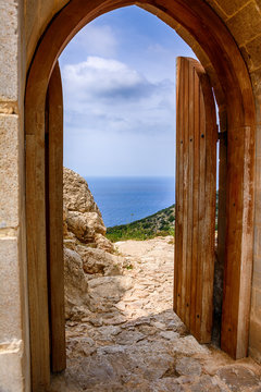 Architecture and nature in Kritinia castle on Rhodes island, Greece