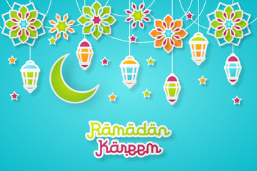Ramadan kareem design background. Paper cut flowers, traditional lanterns, moon and stars. Vector illustration.