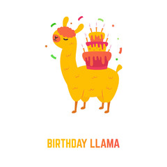 Holiday birthday card with cute llama and cake