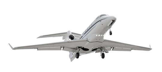 Bottom view of a light business jet isolated on white background with clipping path