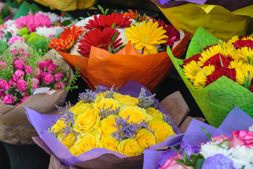 Colorful bouquets in the flower store