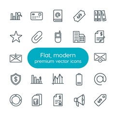 Modern Simple Set of business, charts, mobile, email Vector outline Icons. Contains such Icons as  speaker,  discount,  charge, mail,  tag and more on white background. Fully Editable. Pixel Perfect