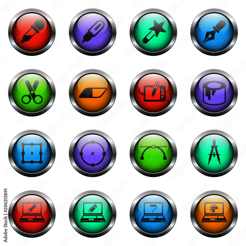 Poster design vector icons on color glass buttons