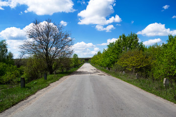 Fototapeta na wymiar Road going into the distance. Sky with clouds. Summer sunny day. Travel