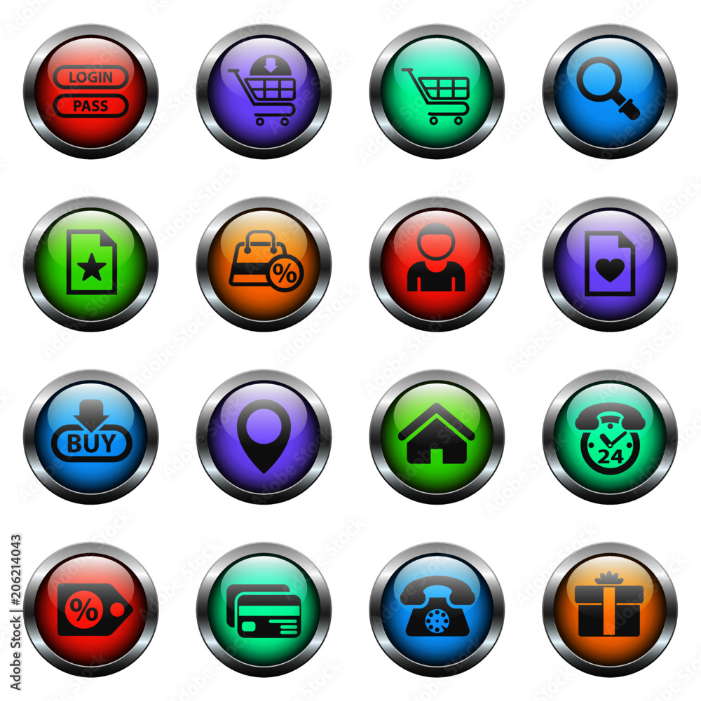 Poster e-commerce interface vector icons on color glass buttons