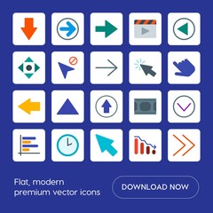 Modern Simple Set of arrows, charts, video, cursors Vector flat Icons. Contains such Icons as  up,  hour, clock, movie,  theater, chart, down and more on blue background. Fully Editable. Pixel Perfect