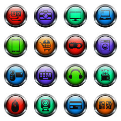 electronics supermarket vector icons on color glass buttons