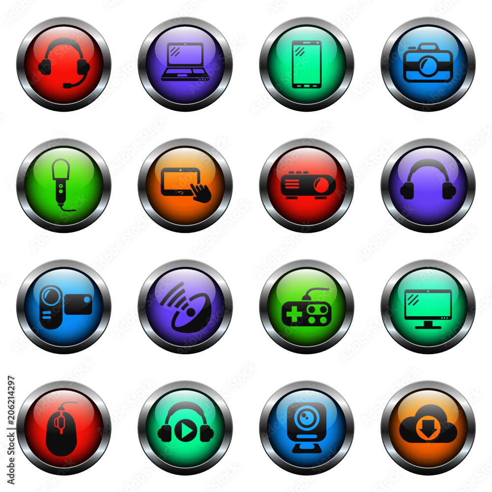 Poster hi tech vector icons on color glass buttons