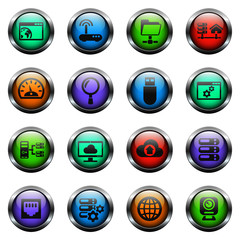 hosting provider vector icons on color glass buttons