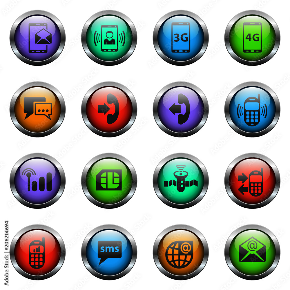 Poster mobile connection vector icons on color glass buttons