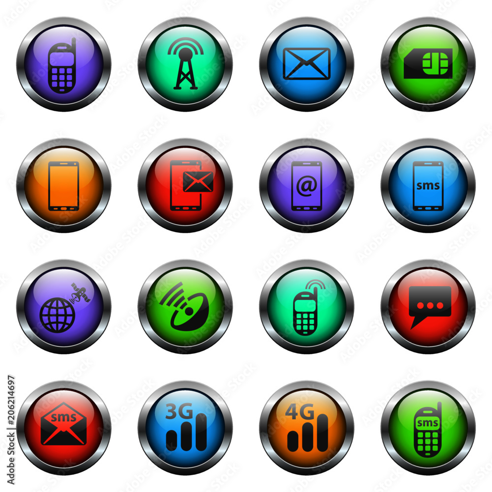 Poster mobile connection vector icons on color glass buttons