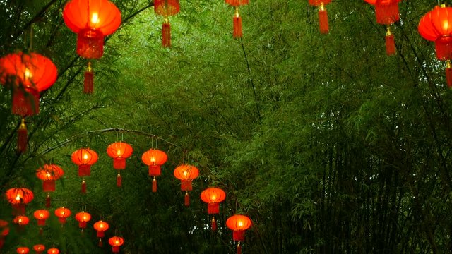 Rows of traditional chinese style red lanterns hanging on bamboo tree tunnel arch. Decoration lamps for Chinese Lunar New Year festival. Tropical oriental garden. Bamboo fresh green leaves background.
