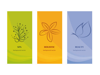 Branding Packaging -spa - beauty - holistic -  whit flower and butterfly on orange violet ang green background