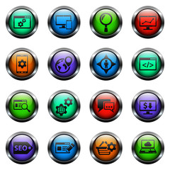 seo vector icons on color glass buttons